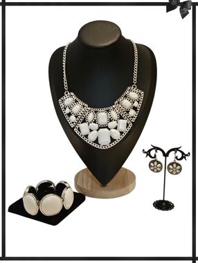 Silver Tone And White Acrylic Statement Necklace Set